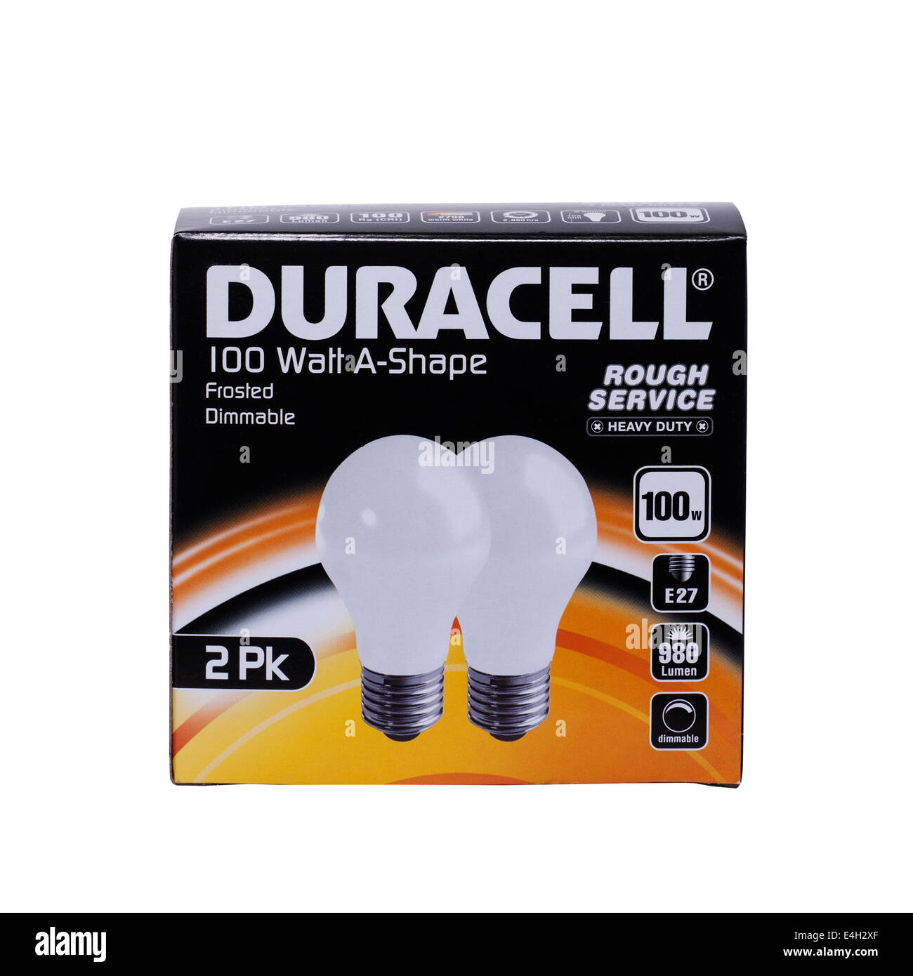 Twinpack von Duracell 100 Watt Glühbirnen auf weißem Hintergrund Stockfoto
