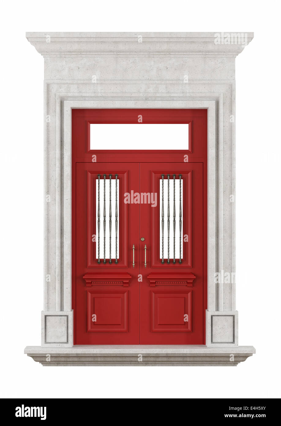 Stein-Portal mit roten Eingangstür im klassischen Stil, isoliert auf weiss - Rendering Stockfoto