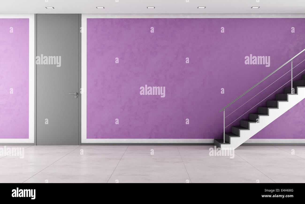 Zeitgenössische Wohnzimmer mit Tür, schwarze Treppe und Geländer aus Edelstahl Stockfoto