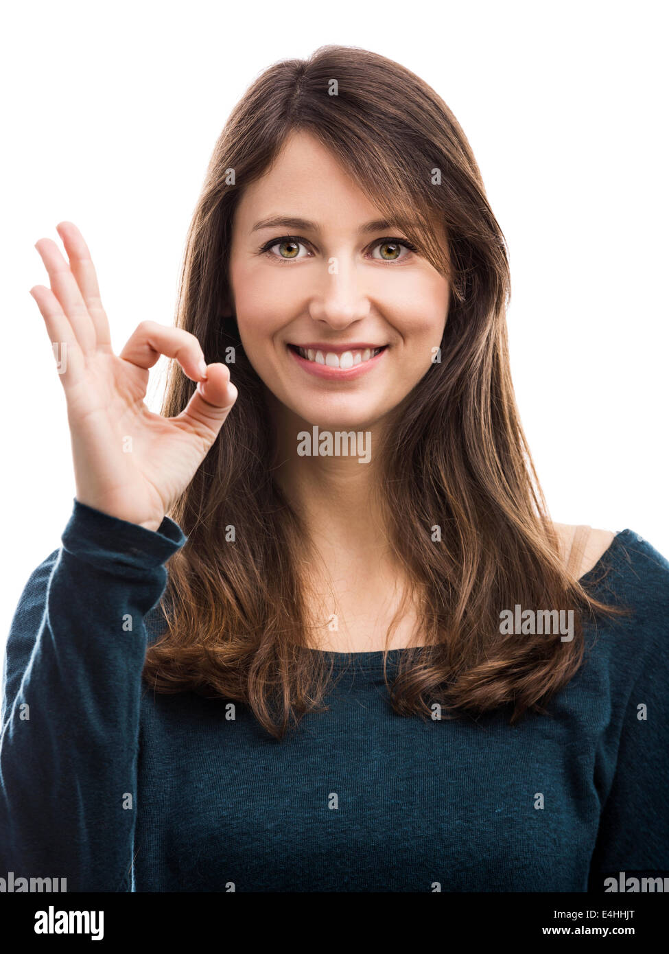 Schöne Frau tut eine OK signal mit der hand Stockfoto