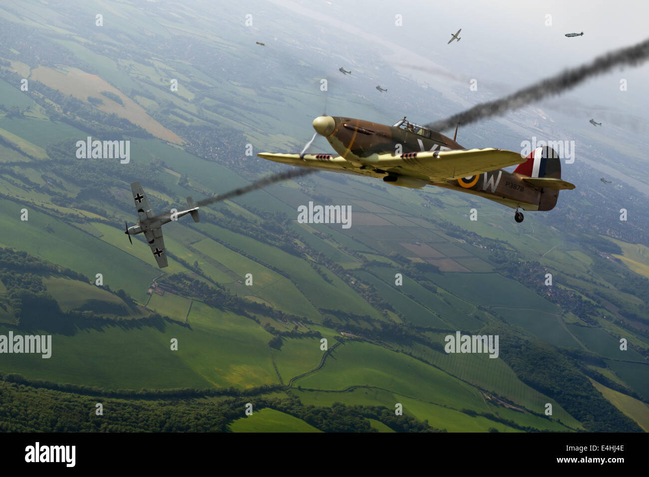 Luftschlacht um England aerial combat Luftkampf Kunstwerk zeigt RAF Hawker Hurricane Abschuss einer Luftwaffe Messerschmitt Bf 109. Stockfoto