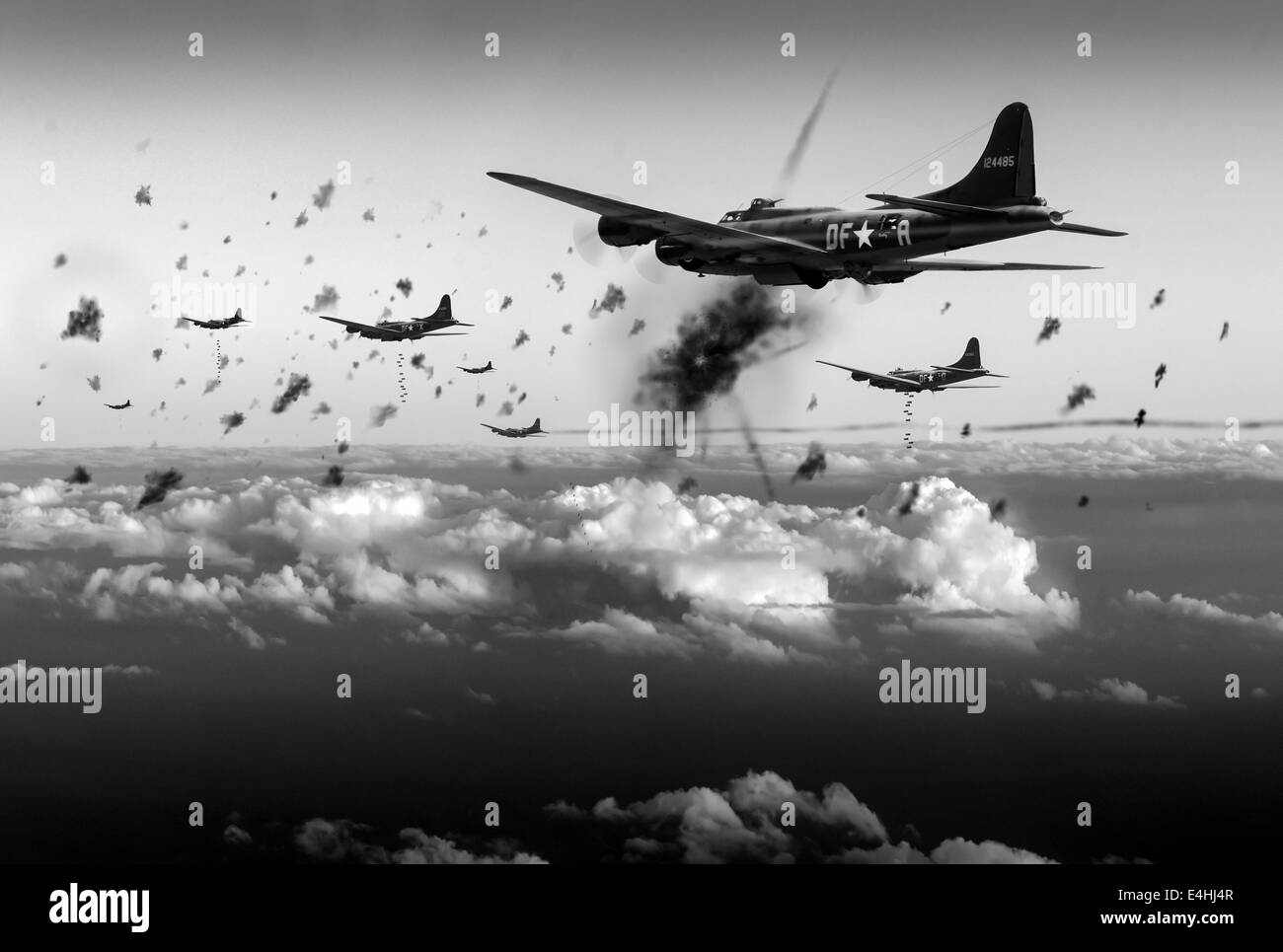 Amerikanische b-17 fliegende Festungen unter Flak auf eine Bombardierung Betrieb über Tageslicht besetzt Frankreich Ende 1942. Diese Flugzeuge ar Stockfoto