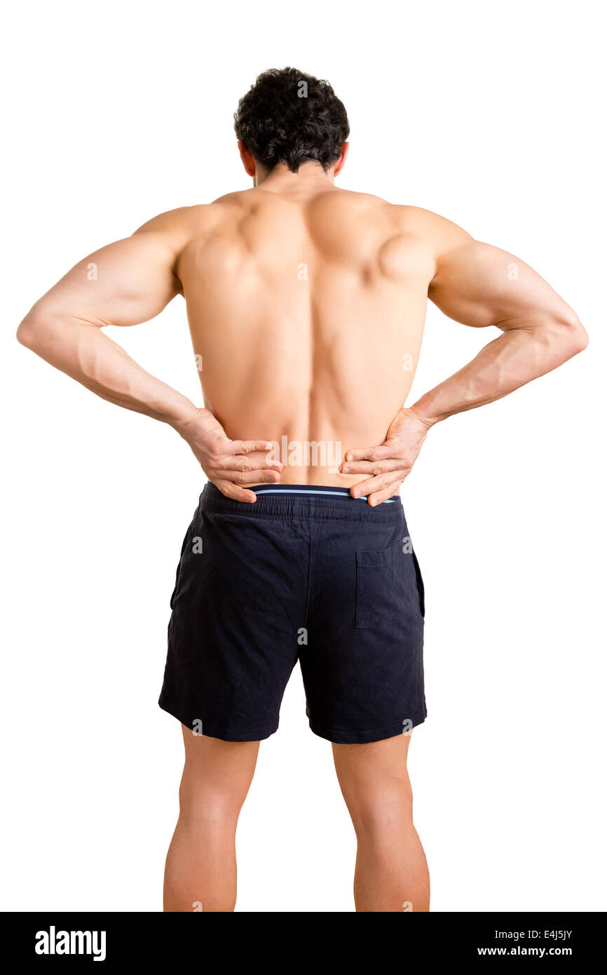 Sportler mit Schmerzen im unteren Rücken, isoliert in weiß Stockfoto