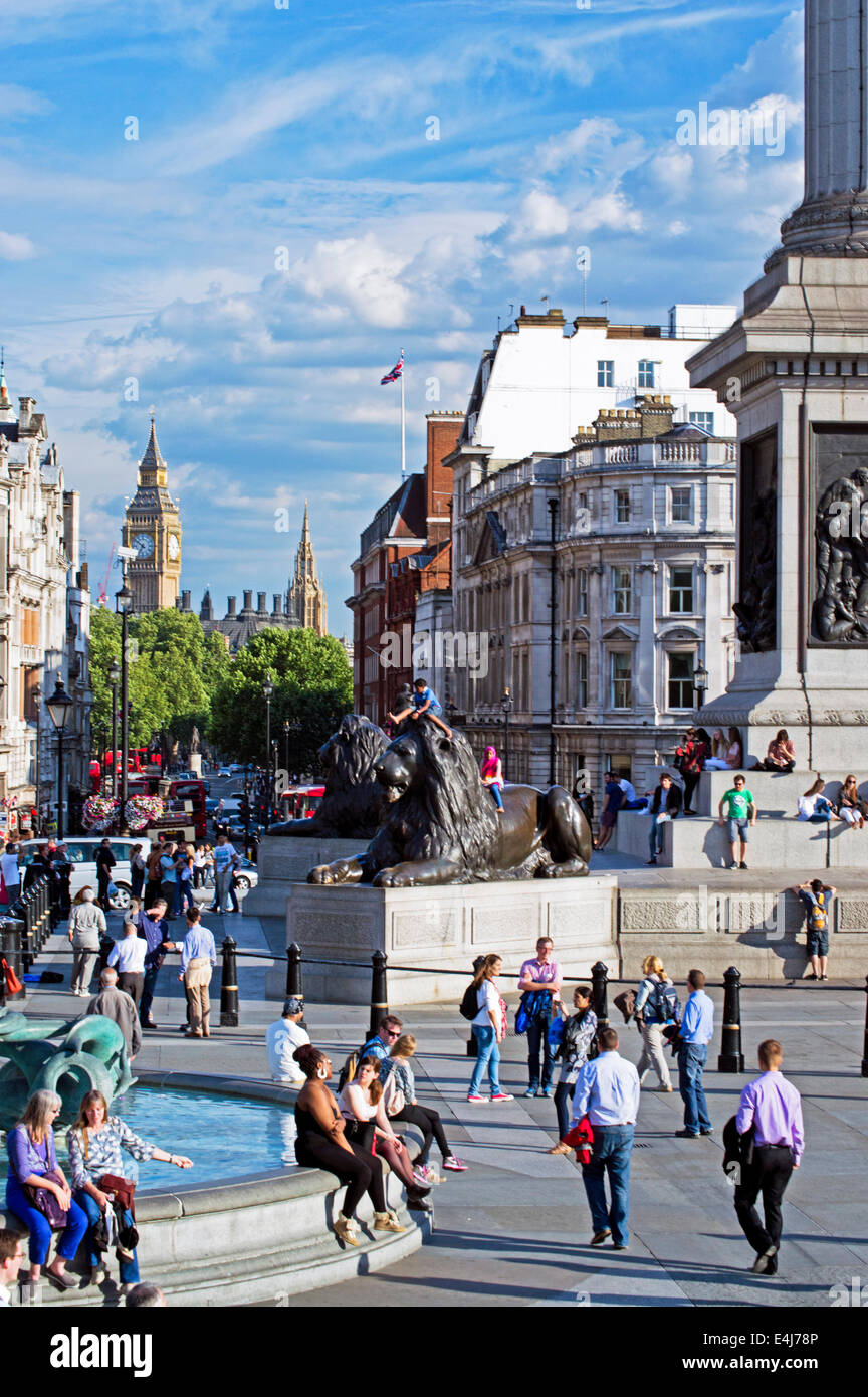 Blick auf den Trafalgar Square, Big Ben in Ferne, City of Westminster, London, England, Vereinigtes Königreich zeigen Stockfoto
