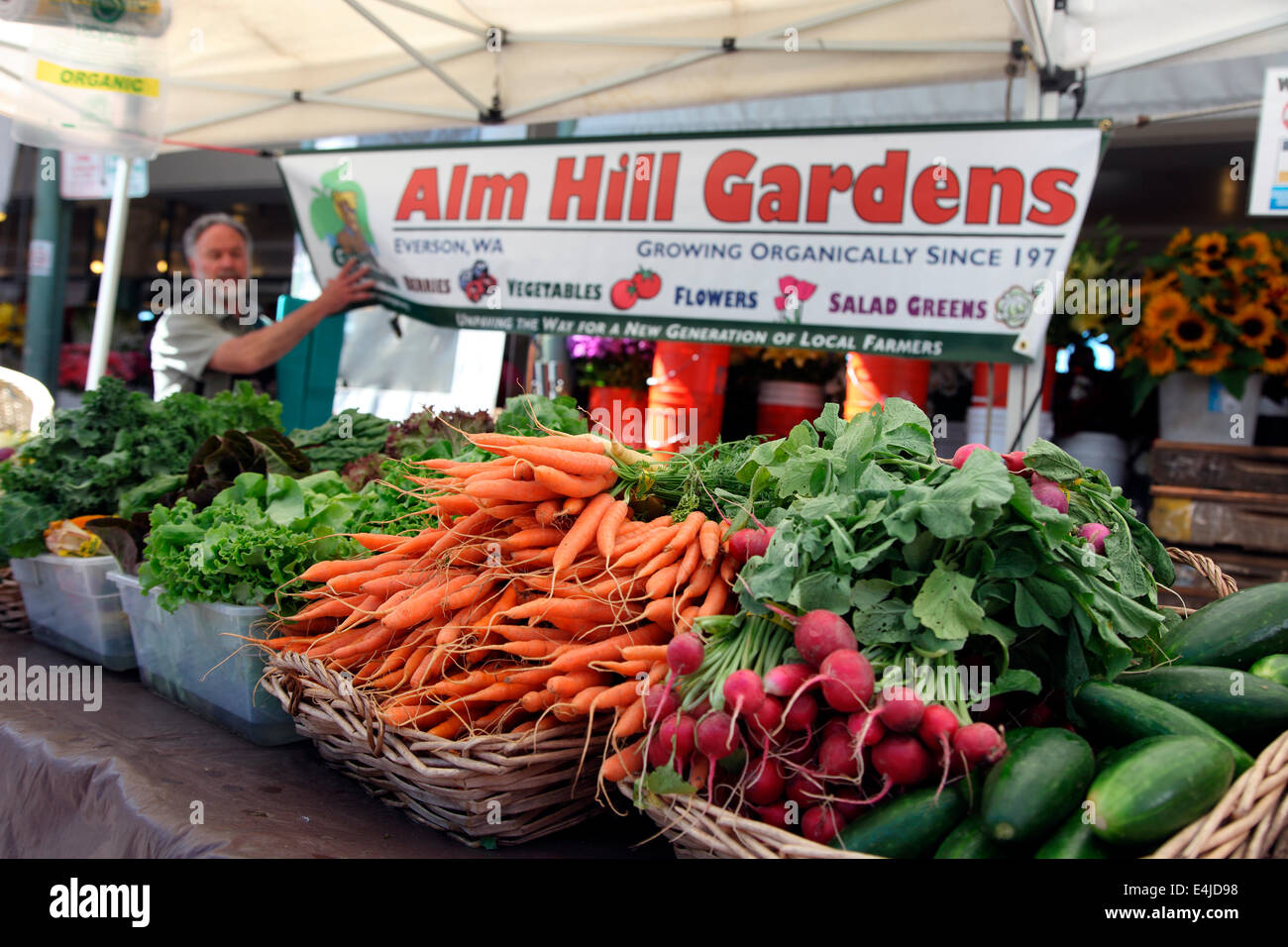 Alm-Hill Bio Gemüse Stall im Pike Street Market Seattle Stockfoto