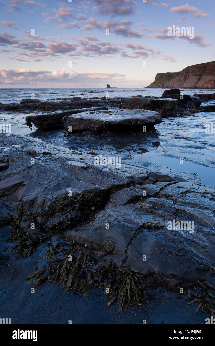 Blick Richtung schwarz Nab bei Sonnenuntergang, gegen Bay, Whitby, North Yorkshire, UK Stockfoto