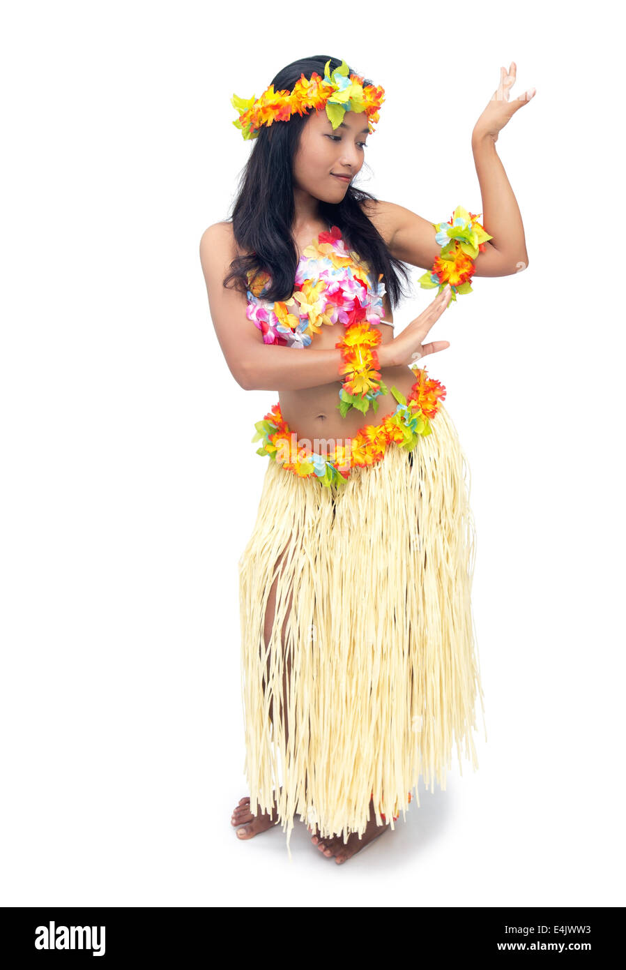 Hawaii Hula-Tänzerin auf weißem Hintergrund Stockfoto