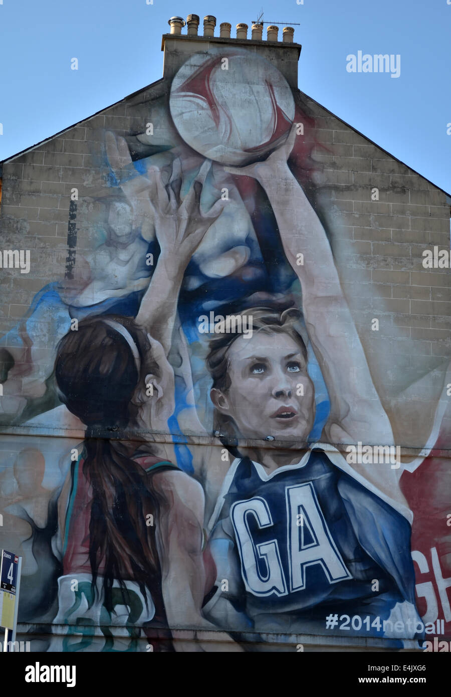 Glasgow Commonwealth Games 2014 Graffiti am Giebel endet am Busbahnhof Partick, Glasgow Stockfoto