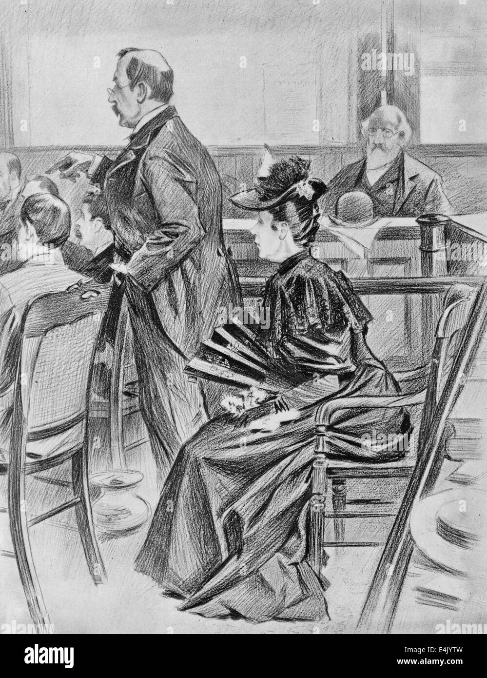 Borden Mordprozess - eine Szene im Gerichtssaal vor den Freispruch - Lizzie Borden, die Angeklagten und ihre Verteidiger, Ex-Gouverneur Robinson, 1893 Stockfoto