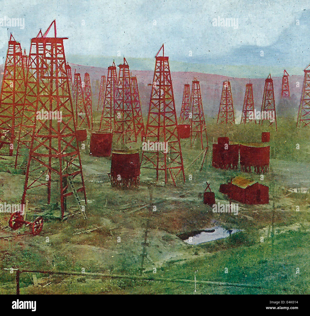 Ein Wald von Ölquellen und Bohrtürme in den Ölfeldern in der Nähe von Los Angeles, Kalifornien, um 1900 Stockfoto