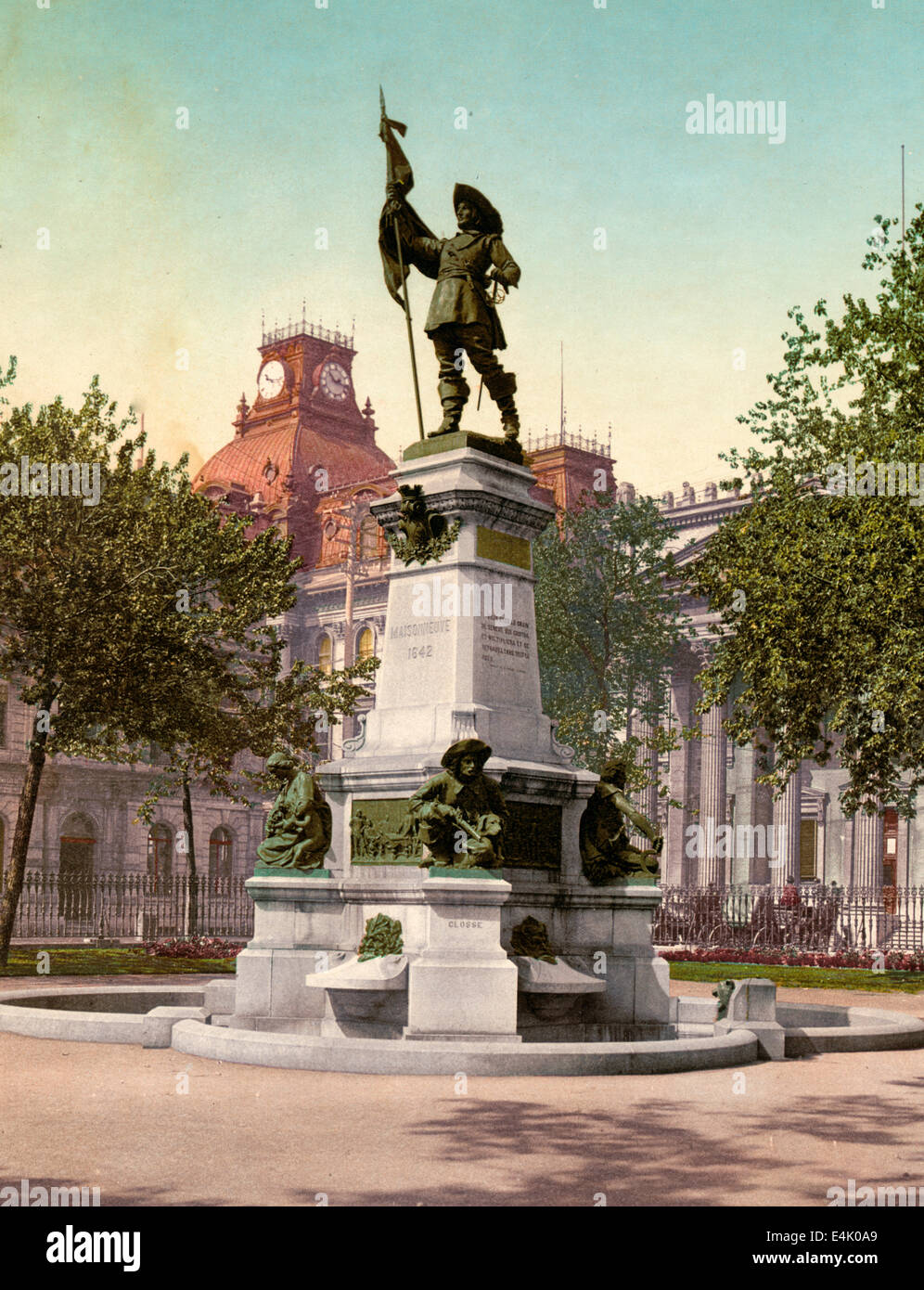 Statue von Maisonneuve, Montreal - Statue von Paul de Chomedey de Maisonneuve (1612-1676), ein französischer Offizier und Gründer von Montreal, befindet sich am Place d ' Armes Square, Montreal, ca. 1901 Stockfoto