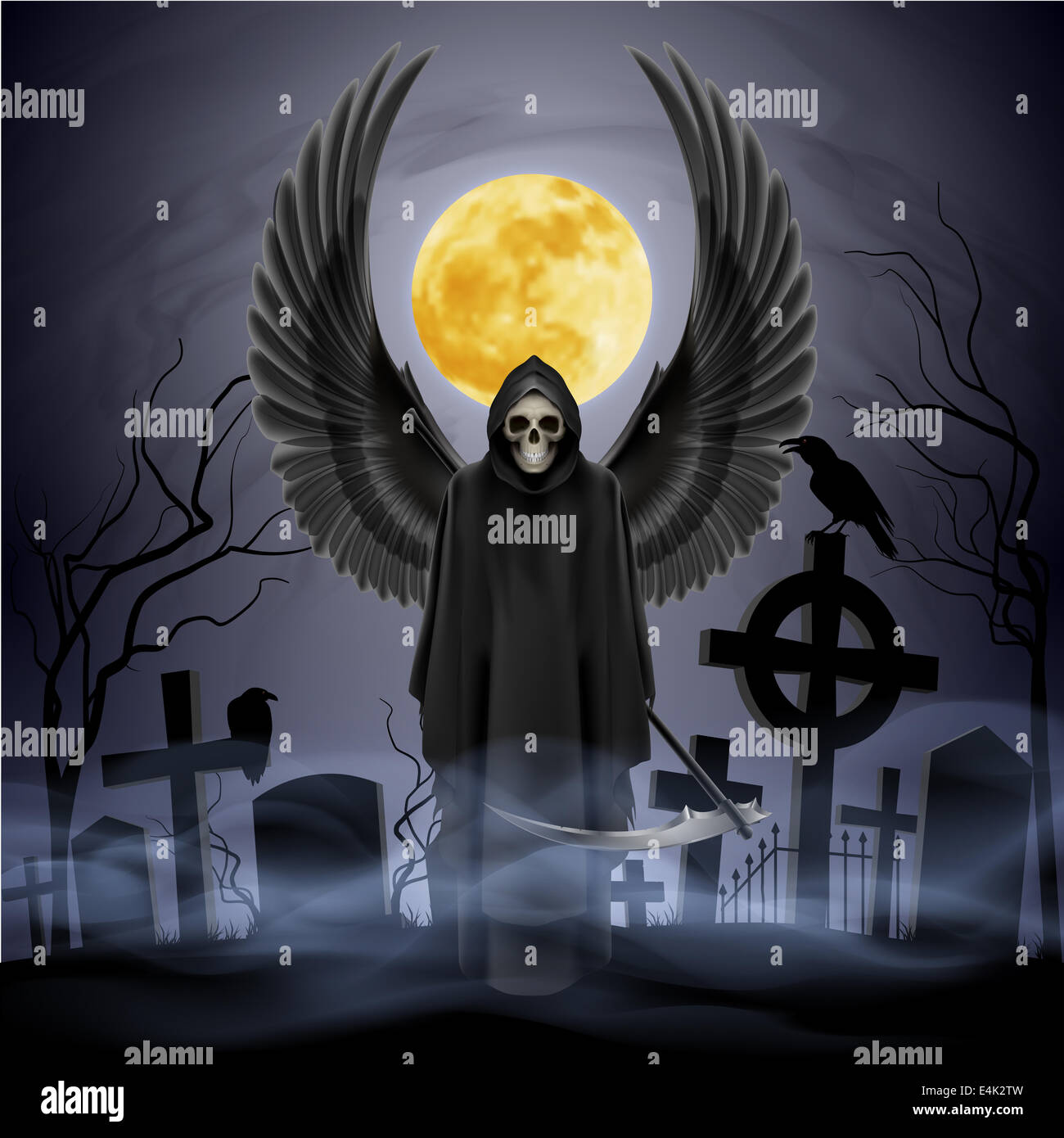 Engel des Todes auf dem Nacht-Friedhof. Stockfoto