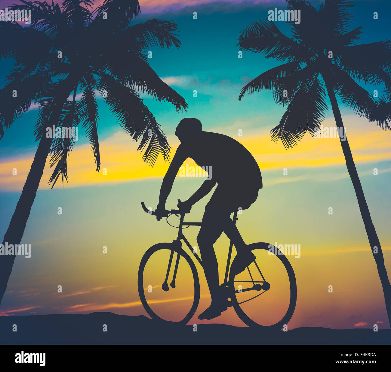 Retro-Mann Radfahren von Palmen Stockfoto