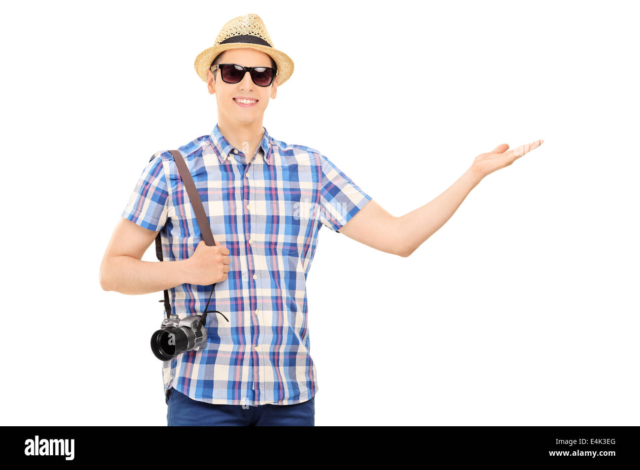 Touristen halten Sie eine Kamera und Gestikulieren mit hand Stockfoto