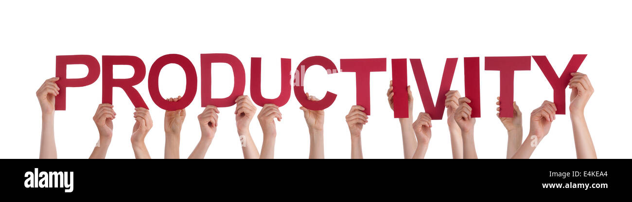 Viele Menschen halten die rote Wort Produktivität, isoliert Stockfoto