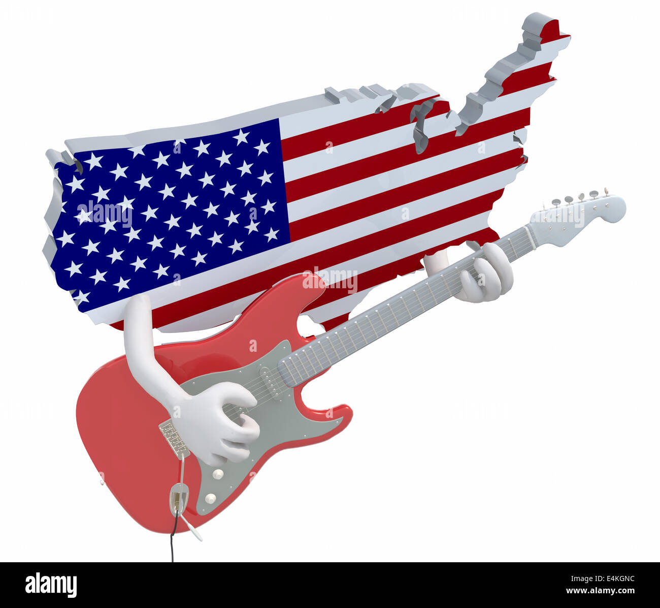 Amerikanische Karte mit Armen, die e-Gitarre, 3D-Illustration spielen Stockfoto