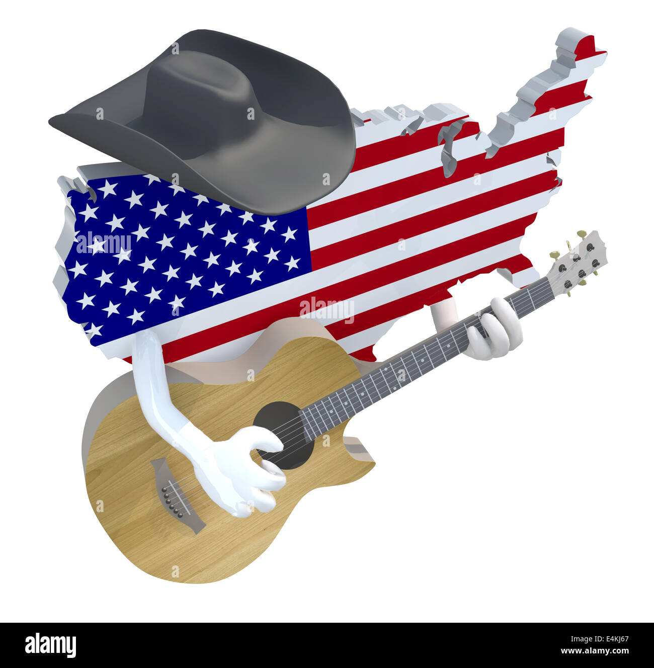 Amerikanische Karte mit Armen und Hut, die Gitarrespielen, 3d illustration Stockfoto
