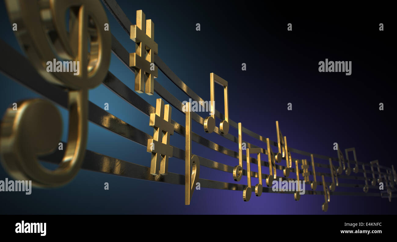 Ein Konzept zeigt wörtliche gold metallic Musik Symbole und Hinweise auf die fünf wellig Oktave Linien auf einem jazzigen bunten Hintergrund Stockfoto