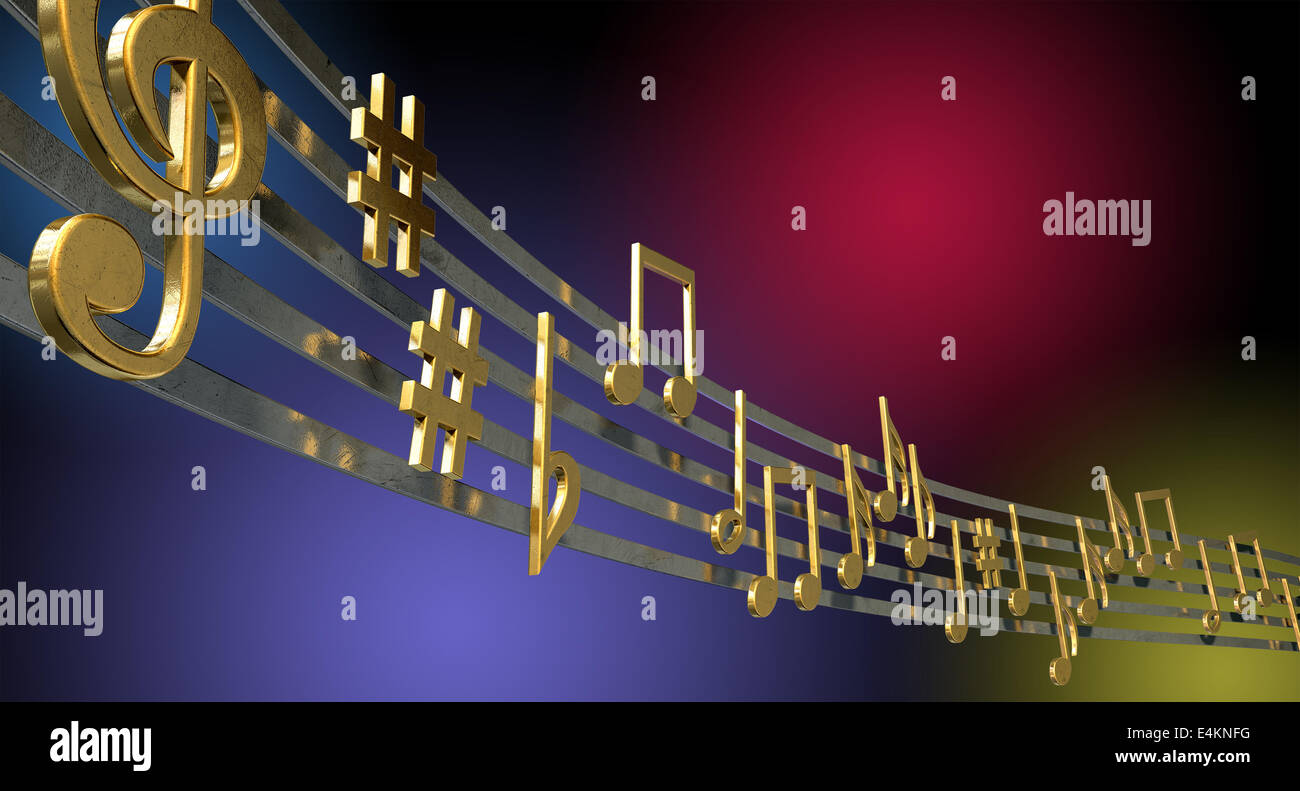 Ein Konzept zeigt wörtliche gold metallic Musik Symbole und Hinweise auf die fünf wellig Oktave Linien auf einem jazzigen bunten Hintergrund Stockfoto