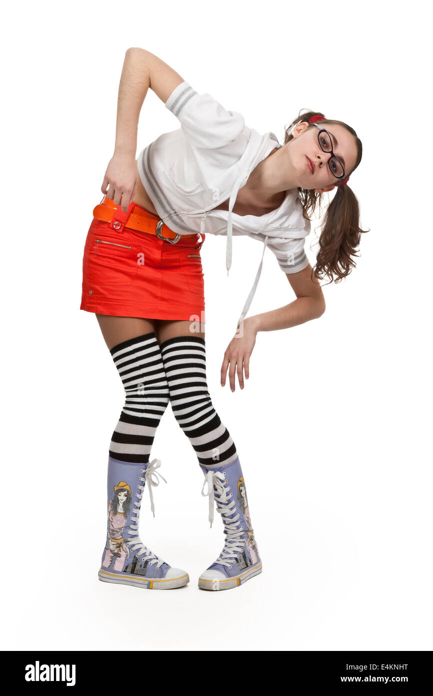 Mädchen in gestreifte Socken Stockfoto