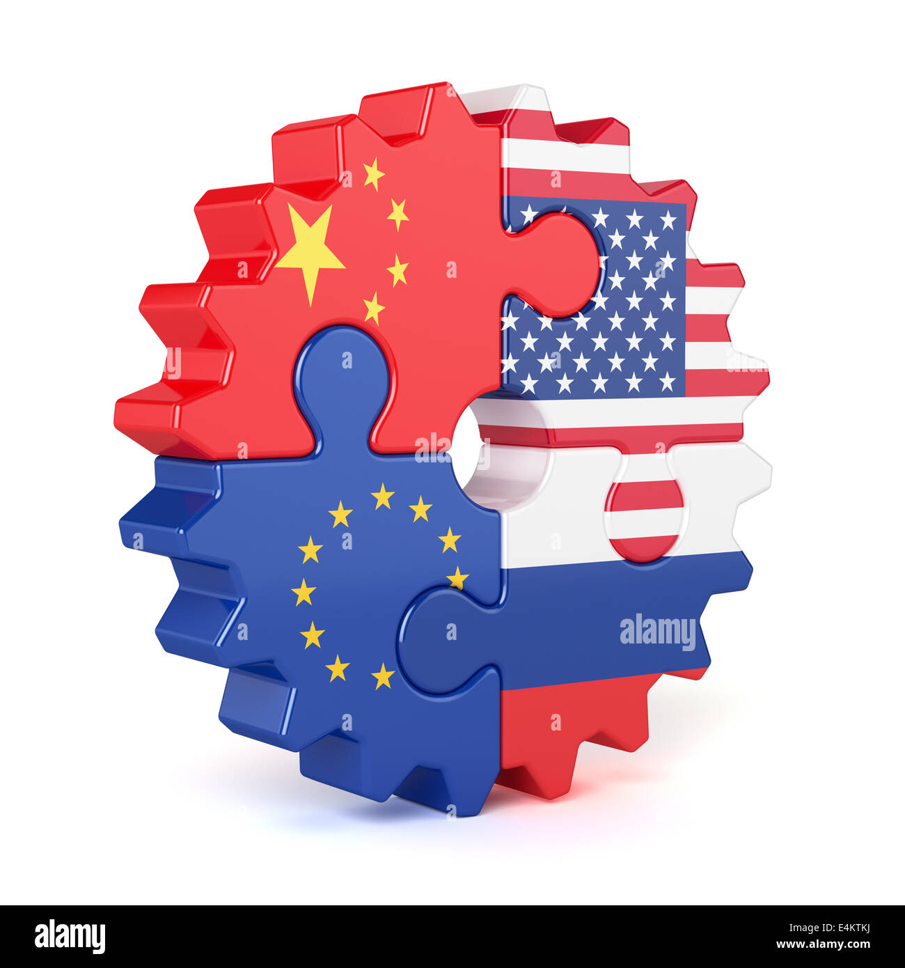 Puzzle-Gang gestapelt Fahnen, Europäische Union, USA, Russland und China. Isoliert auf weißem Hintergrund Stockfoto