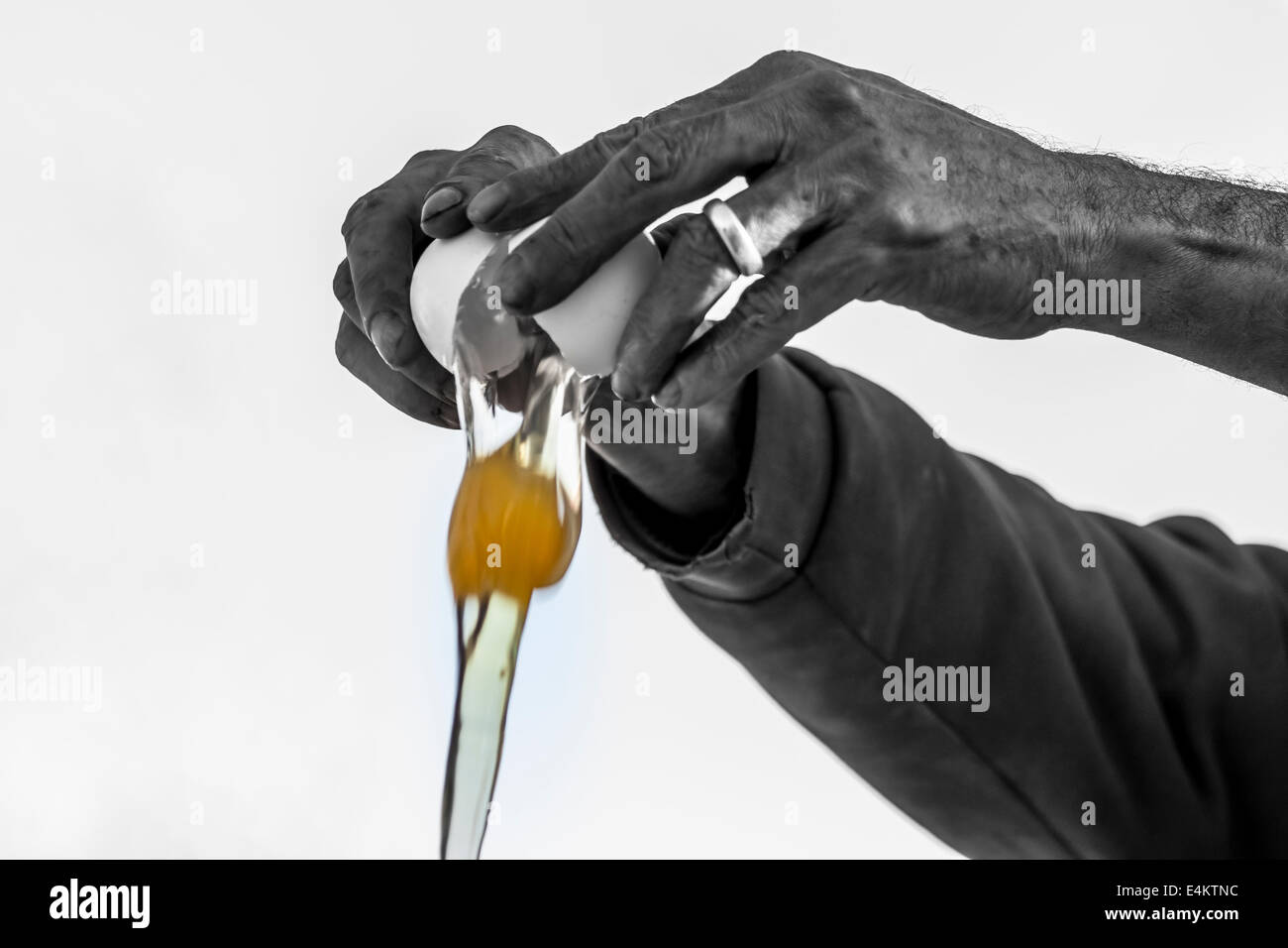Hände eines Mannes krachend ein Ei - digital manipuliert, nur das Ei in der Farbe der Rest ist ist in schwarz und weiß Stockfoto
