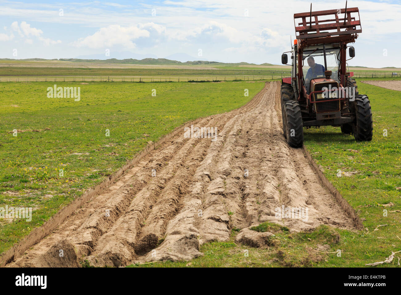 Hebridean croft Bauern pflügen Furchen in einem Feld der traditionellen machair Grünland mit einem Traktor Ziehen einer Pflugschar auf North Uist Schottland Großbritannien Stockfoto