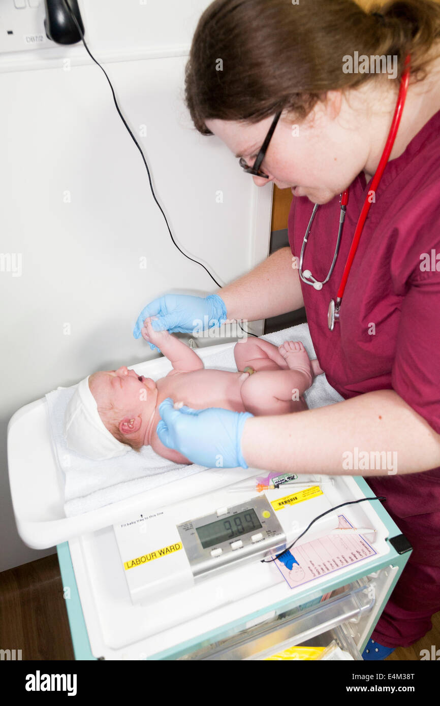 Hebamme führt die körperliche Untersuchung Gesundheit check testen auf Neugeborene / new born Baby nach der Geburt / geboren zu sein. UK Stockfoto