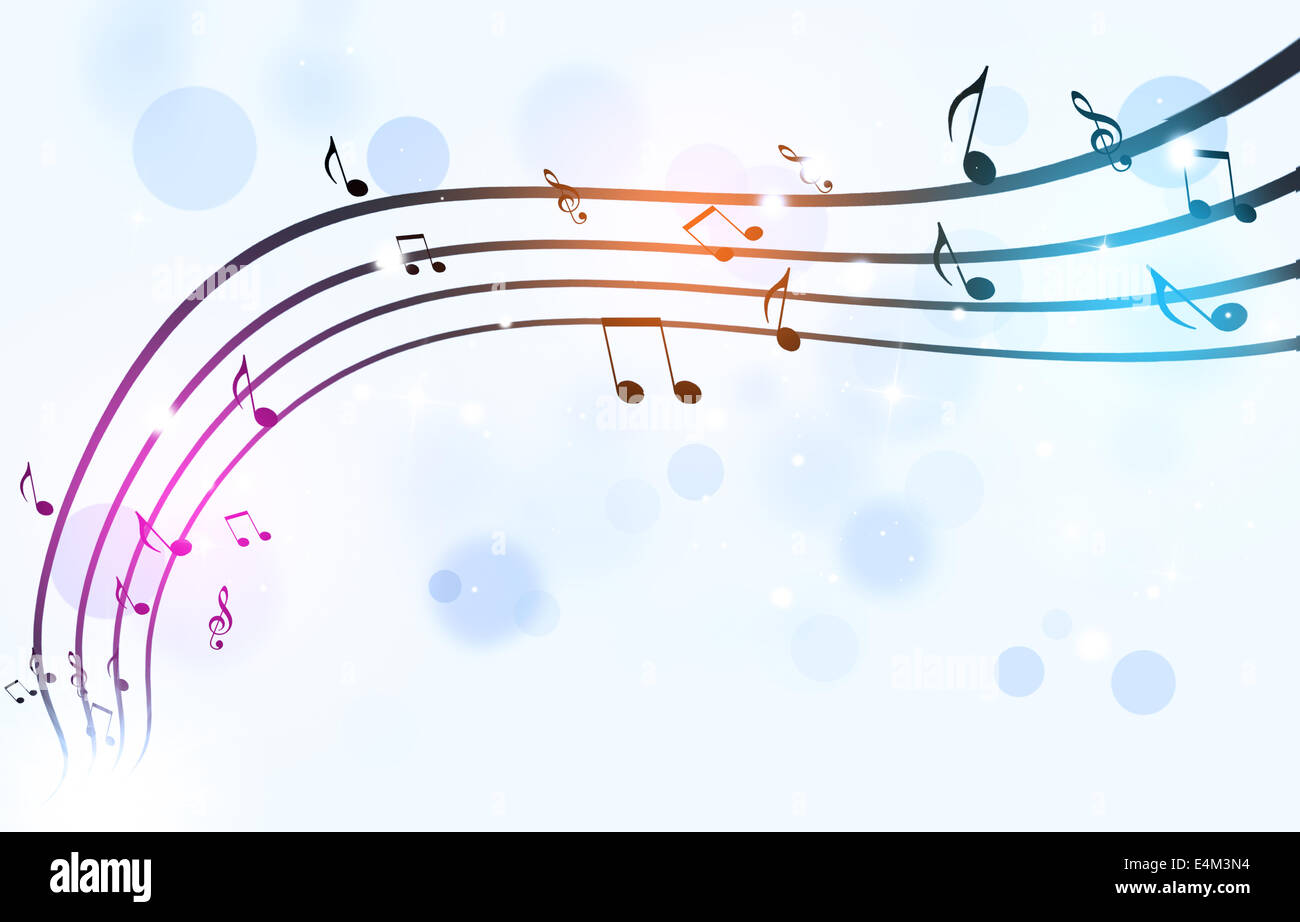 Zusammenfassung Hintergrund mit Musiknoten und verschwommenen Lichtern Stockfoto