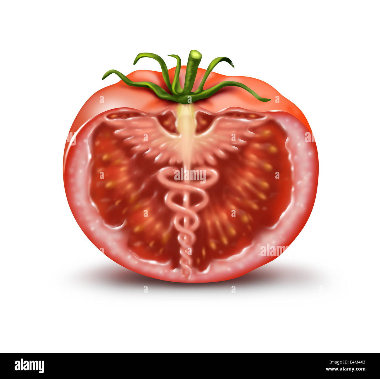 Gesunde Ernährung-Konzept als geschnittene Tomaten mit Hermesstab Symbol und Symbol für die Medizin in der Frucht als Metapher für die Vorteile Stockfoto