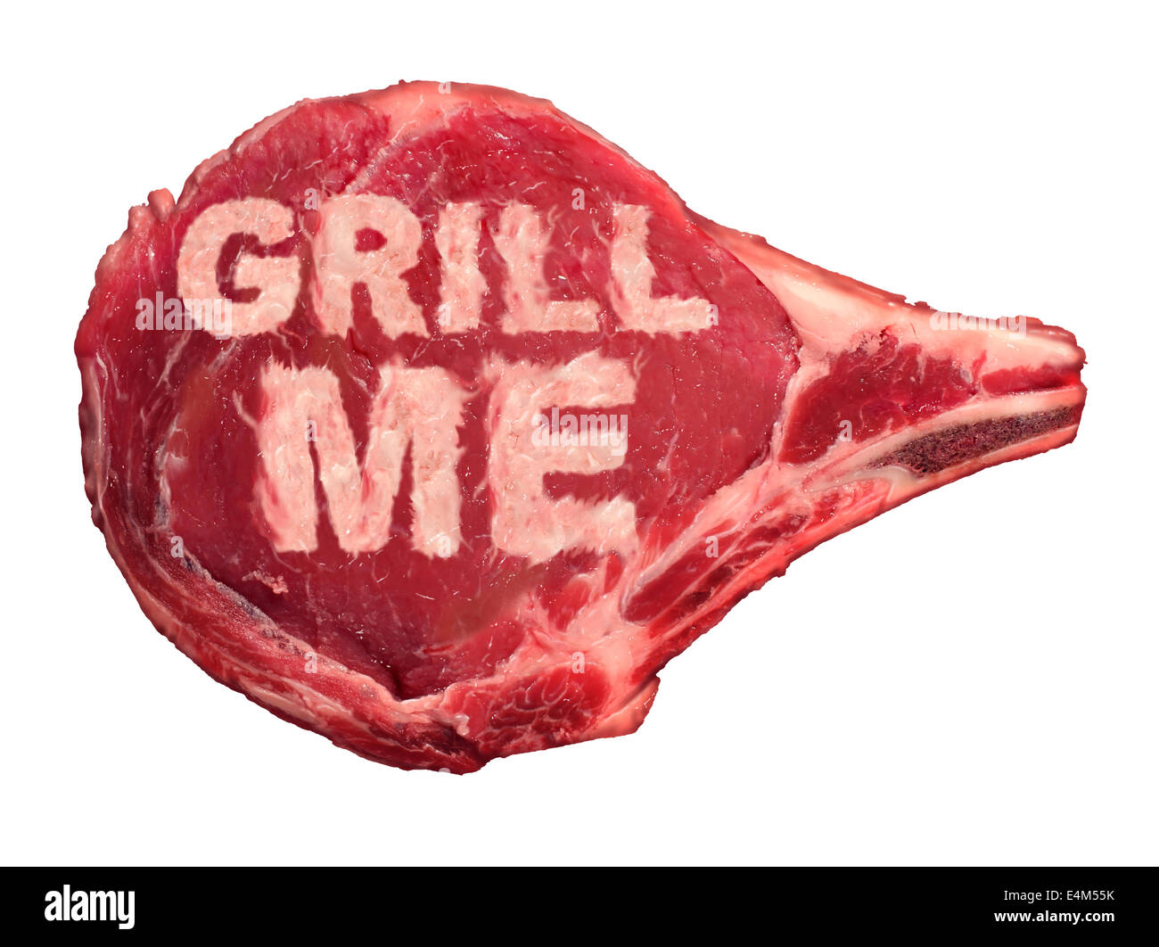 Grillen Fleisch Grill Konzept für BBQ-Zeit als rohe rote Steak isoliert einen weißen Hintergrund, wie Freizeit Aktivität Symbol für kochen Fleisch auf einem heißen Grill für eine Party im Freien oder Sommer Familie zusammenkommen. Stockfoto