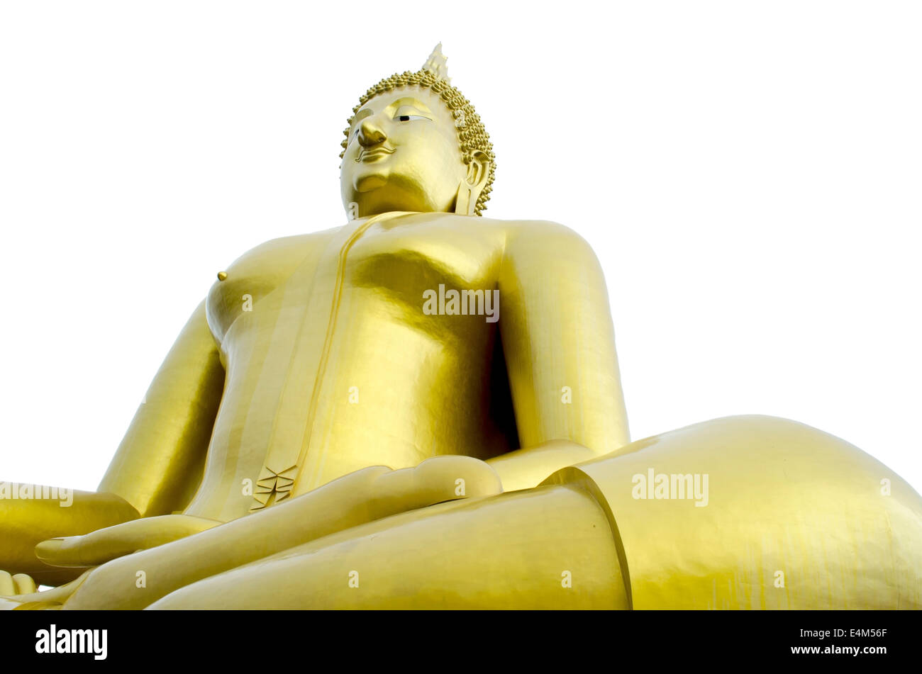 Die goldene sitzende Buddha Statue auf weißem Hintergrund. Stockfoto