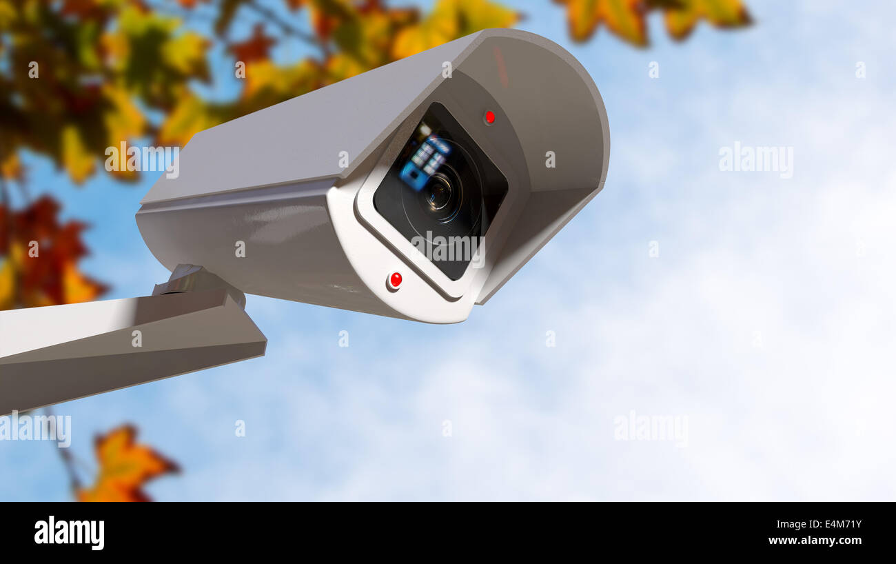Eine weiße drahtlose Überwachungskamera mit beleuchteten Lichter an die Wand montiert, tagsüber mit Textfreiraum Stockfoto