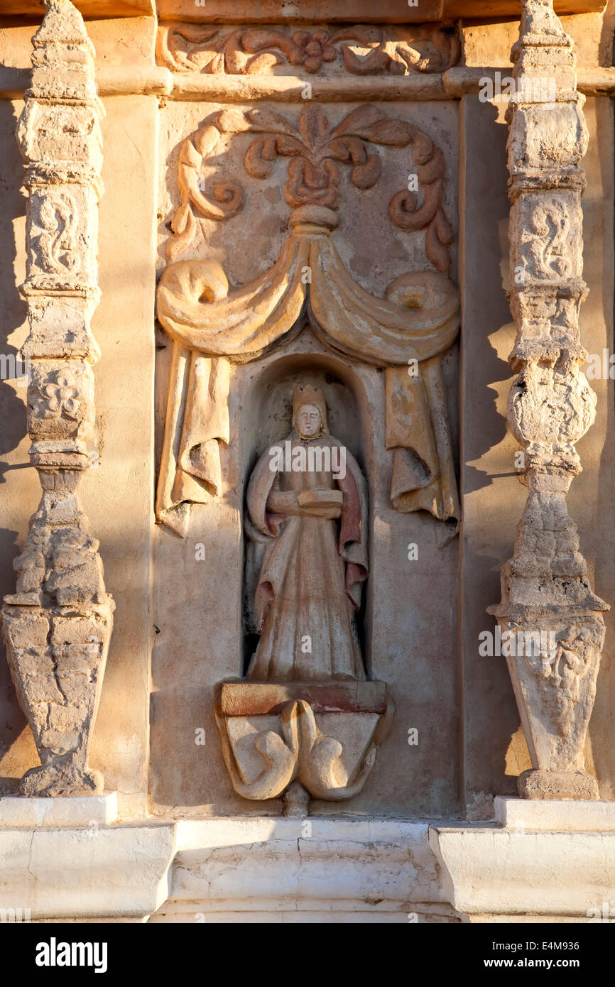 Stein gemeißelten Details religiöse Ikonographie, San Xavier del Bac Mission (gegründet 1700, aktuelle Struktur 1797), Tucson, Arizona USA Stockfoto