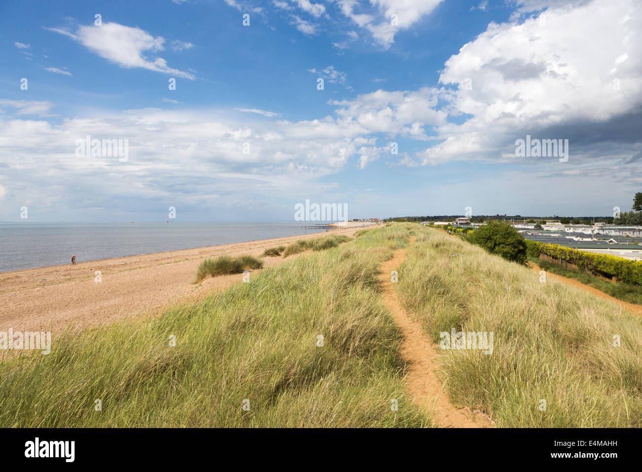 Weg durch grasbewachsenen Sanddünen an der Küste North Norfolk Heacham mit großen Himmel, blaue Himmel mit weißen flauschigen Wolken Stockfoto