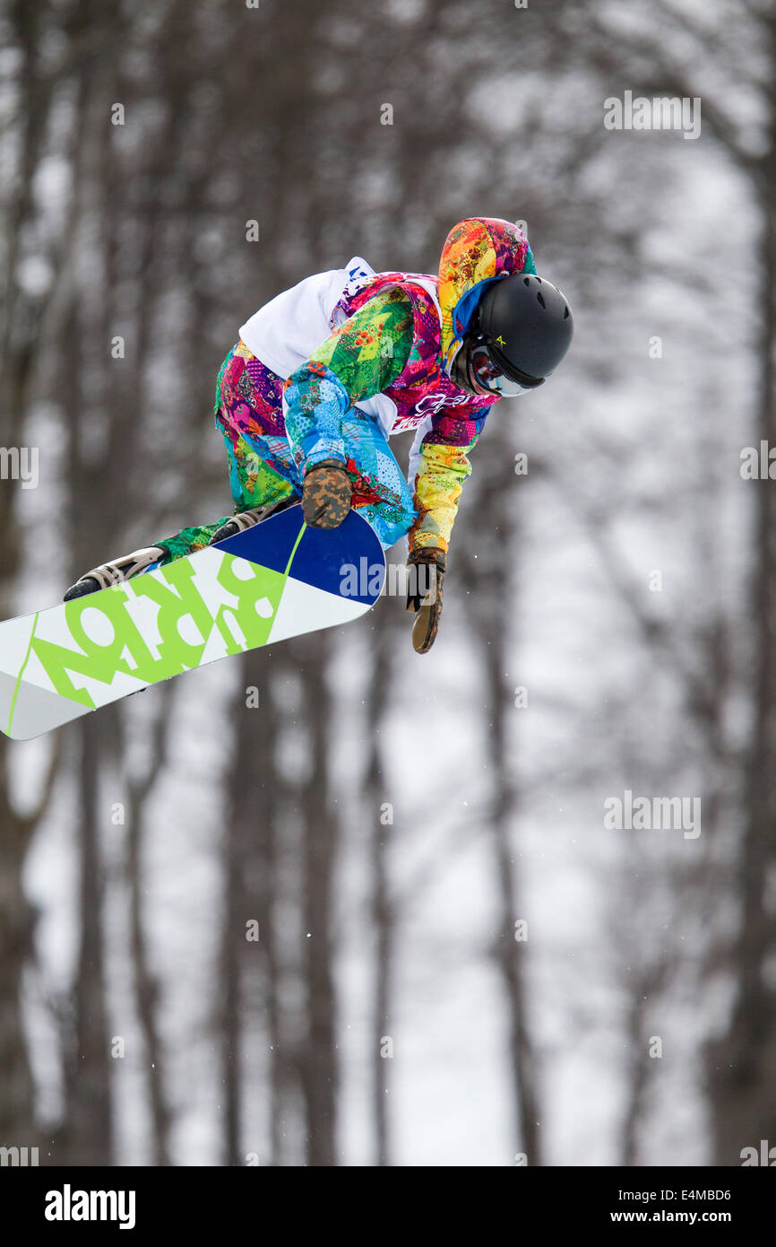 Konkurrent im Herren Snowboard Halfpipe bei den Olympische Winterspiele Sotschi 2014 Stockfoto