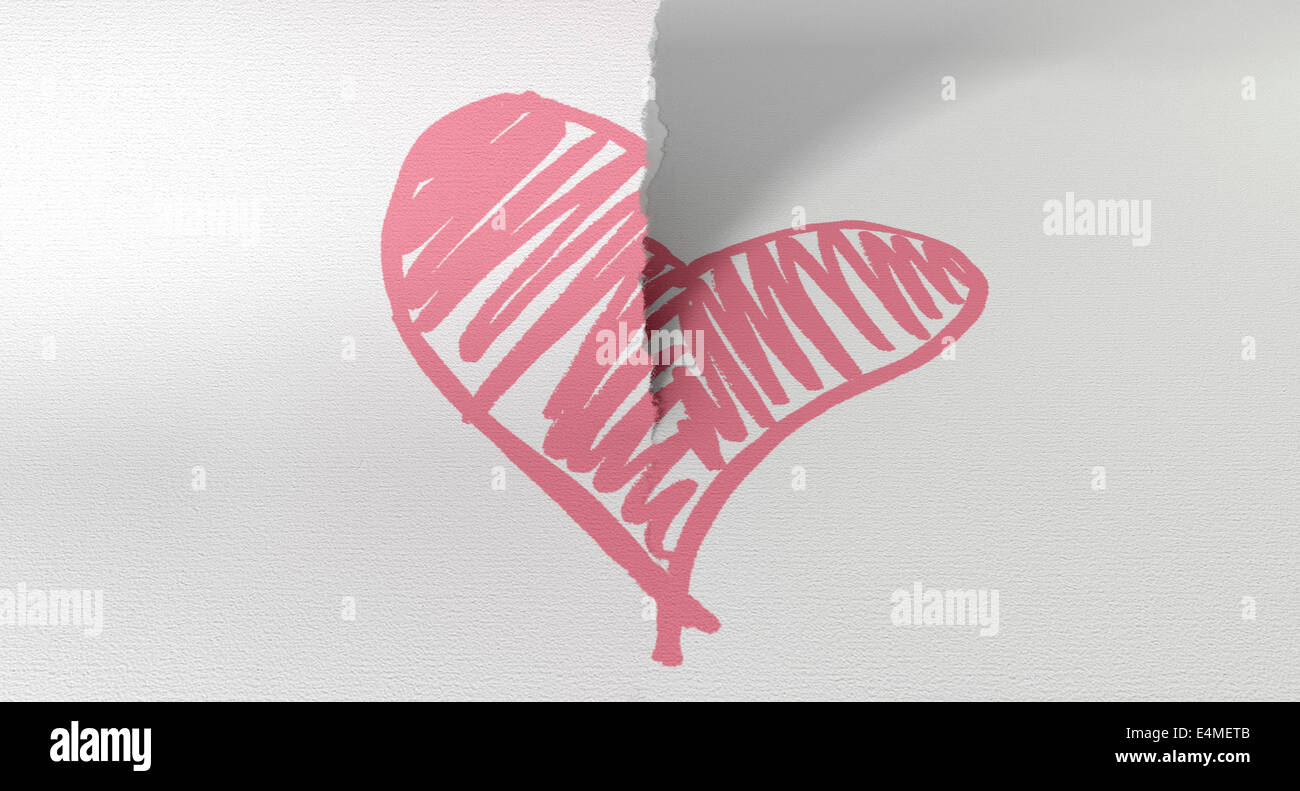 Ein weißes Blatt Papier reißen in zwei durch eine skizzierte rosa Herz Stockfoto