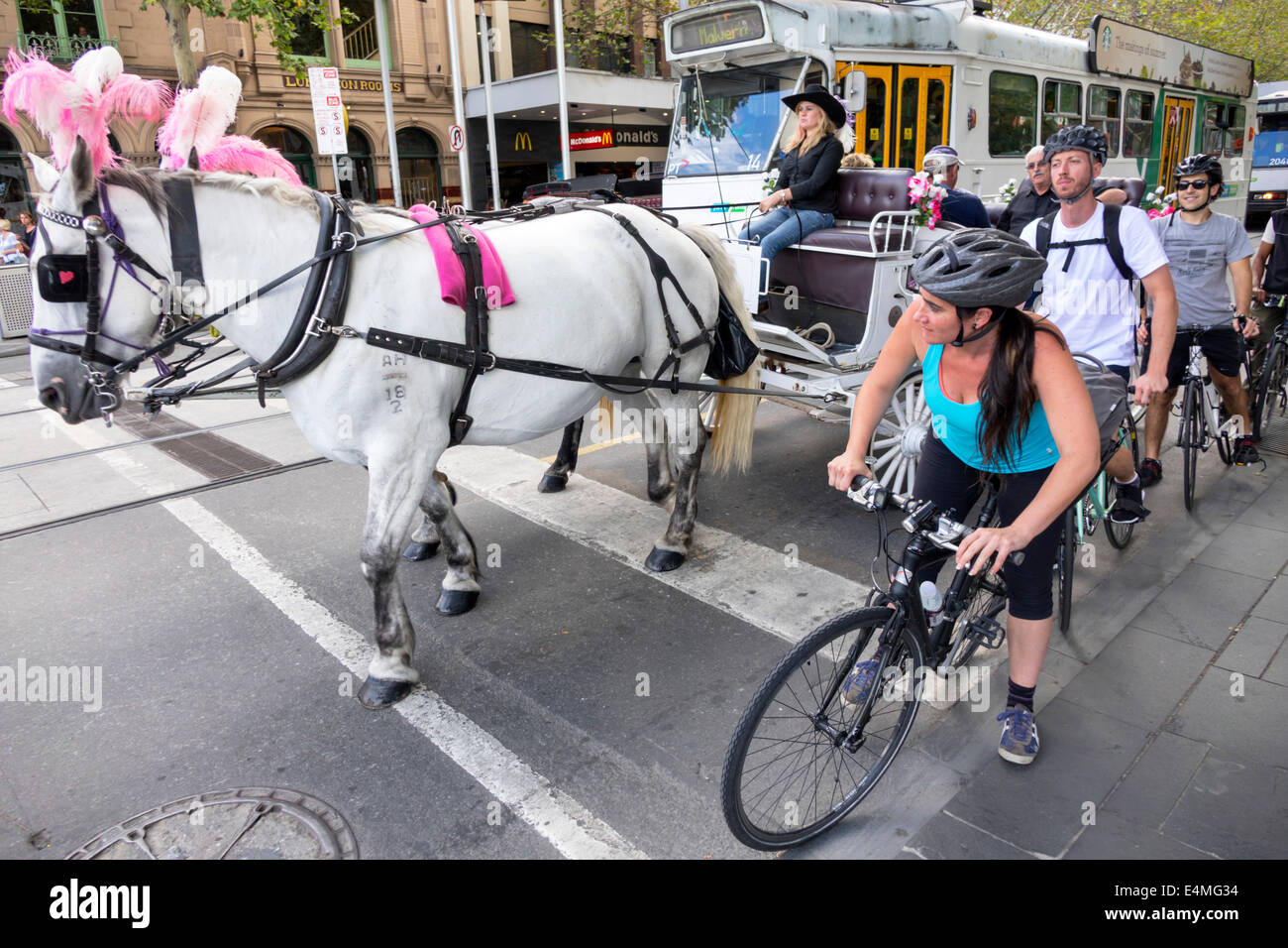 Melbourne Australien, Swanston Street, Pferdekutsche, Yarra Trams, Straßenbahn, Trolley, Straßenbahn, Biker-Radfahrer, Fahrräder, Radfahren Radfahren Radfahren Reiten Reiter Stockfoto