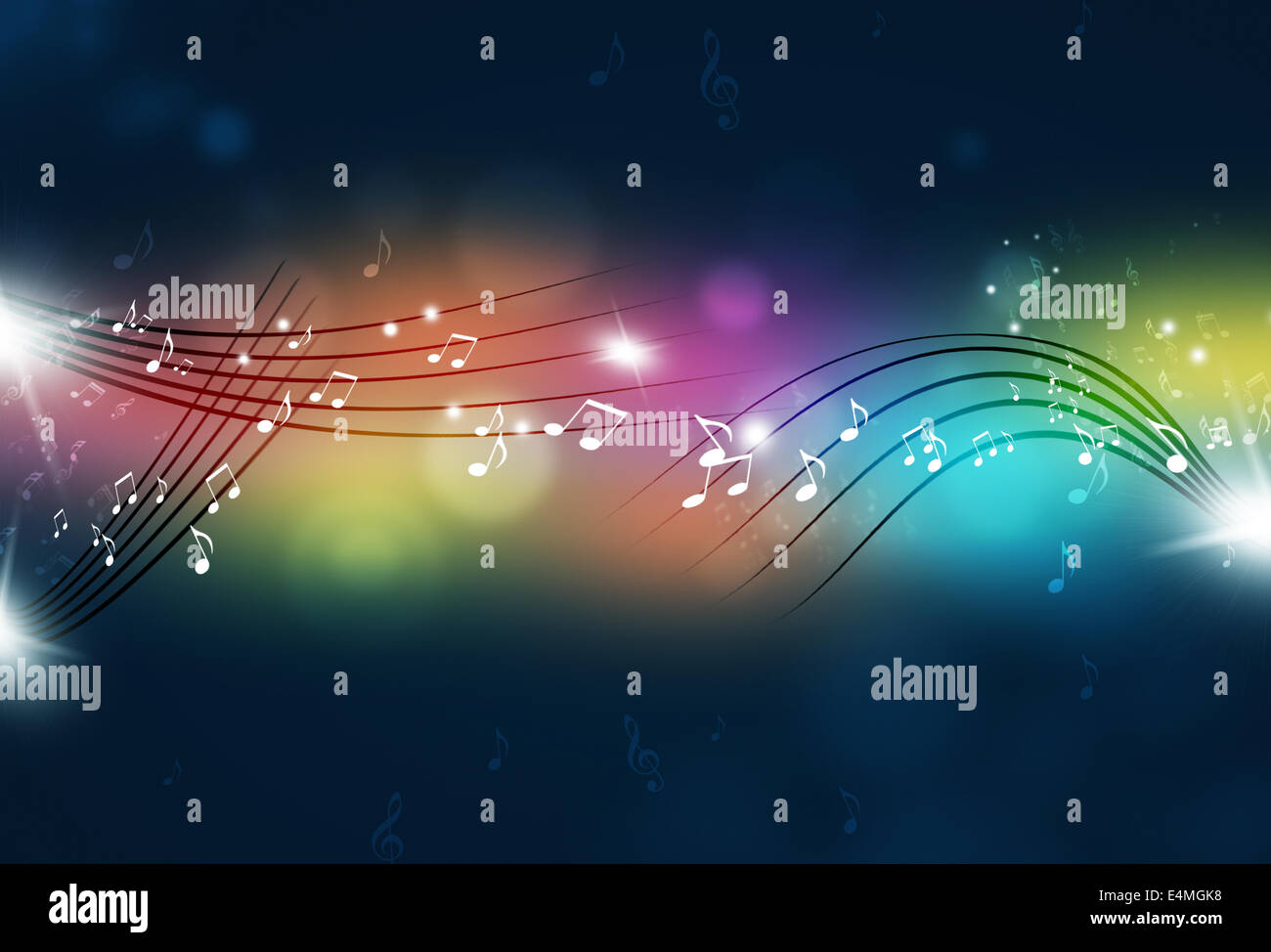 Musiknoten und unscharfen Lichter auf dunklem Hintergrund multicolor Stockfoto