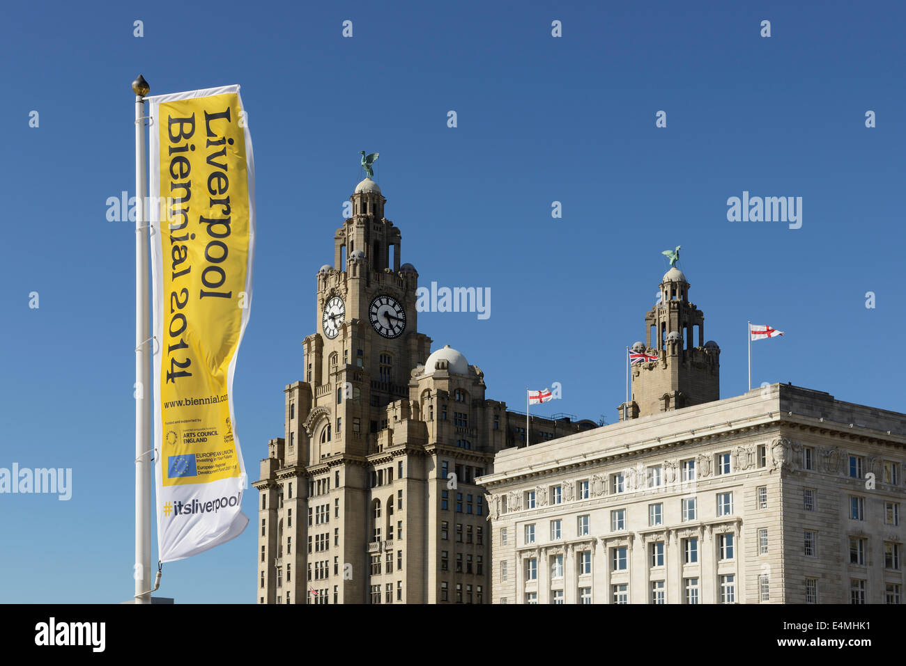 Banner für die Liverpool Biennale 2014 außerhalb der Leber-Gebäude im Stadtzentrum von Liverpool Stockfoto
