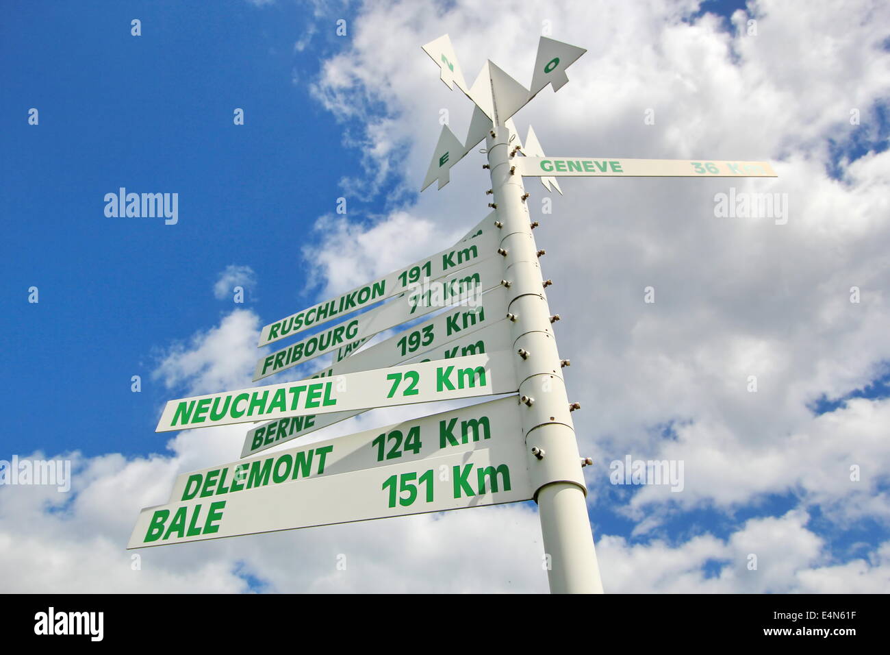 Wegweiser für Schweizer Städte Stockfoto