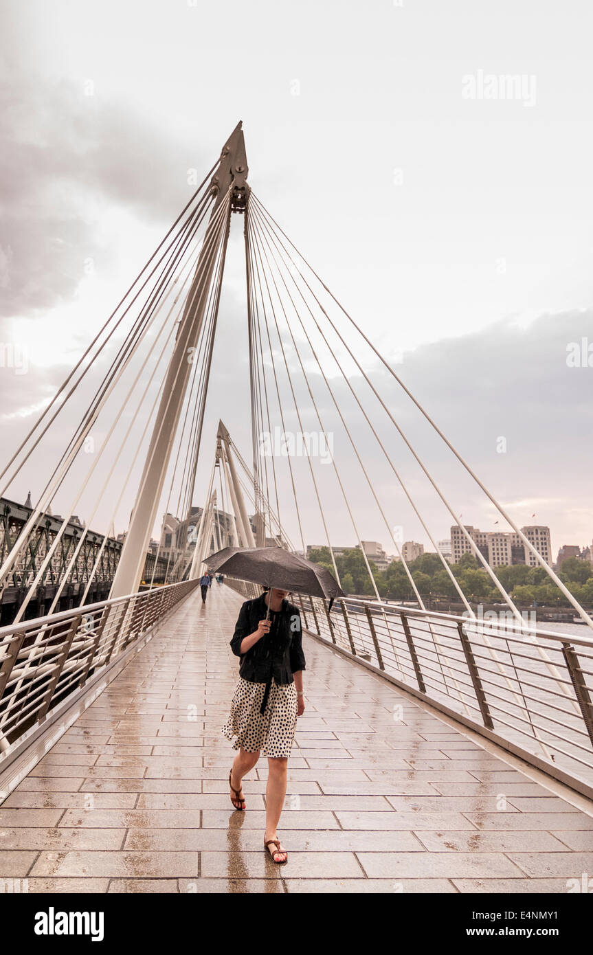 Hungerford Bridge, London, UK - eine Frau unter ihrem Schirm Spaziergänge im Regen Stockfoto