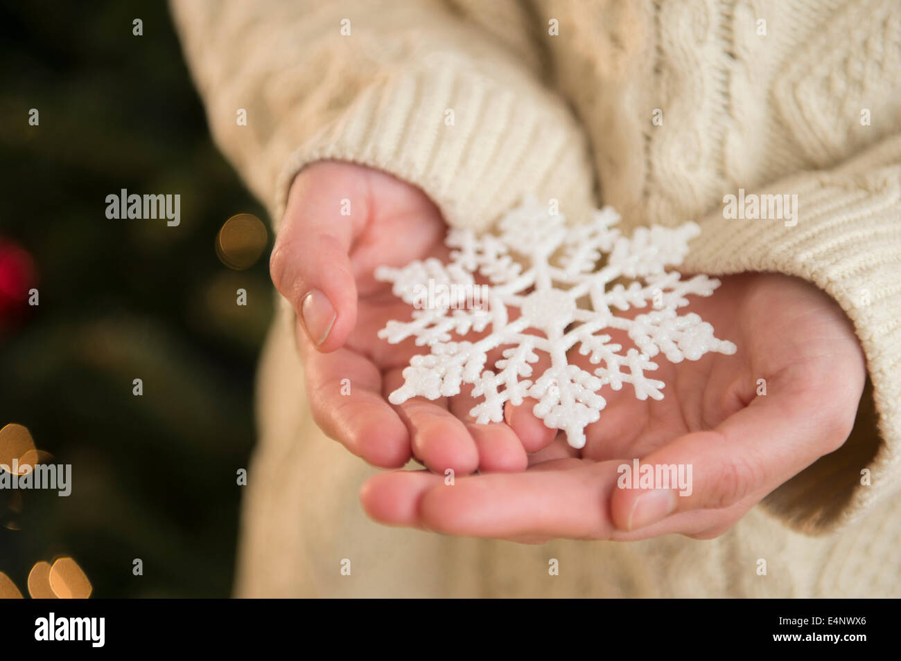 Studioaufnahme von Schneeflocke auf weiblichen Händen Stockfoto