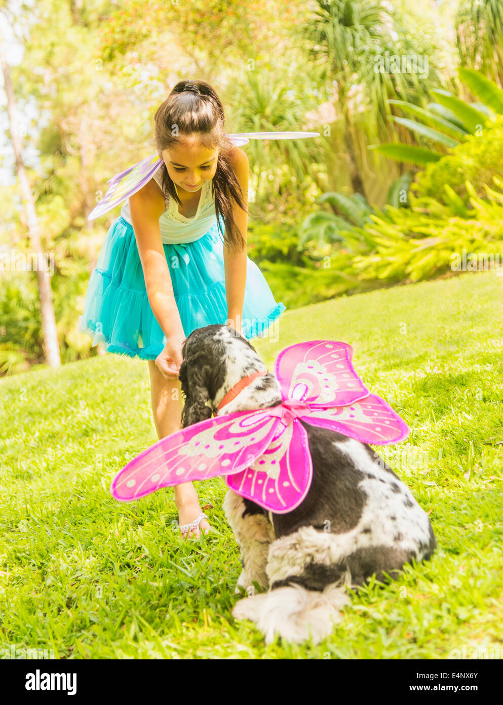 Mädchen (8-9) tragen Fee Kostüm spielen mit Hund Stockfoto
