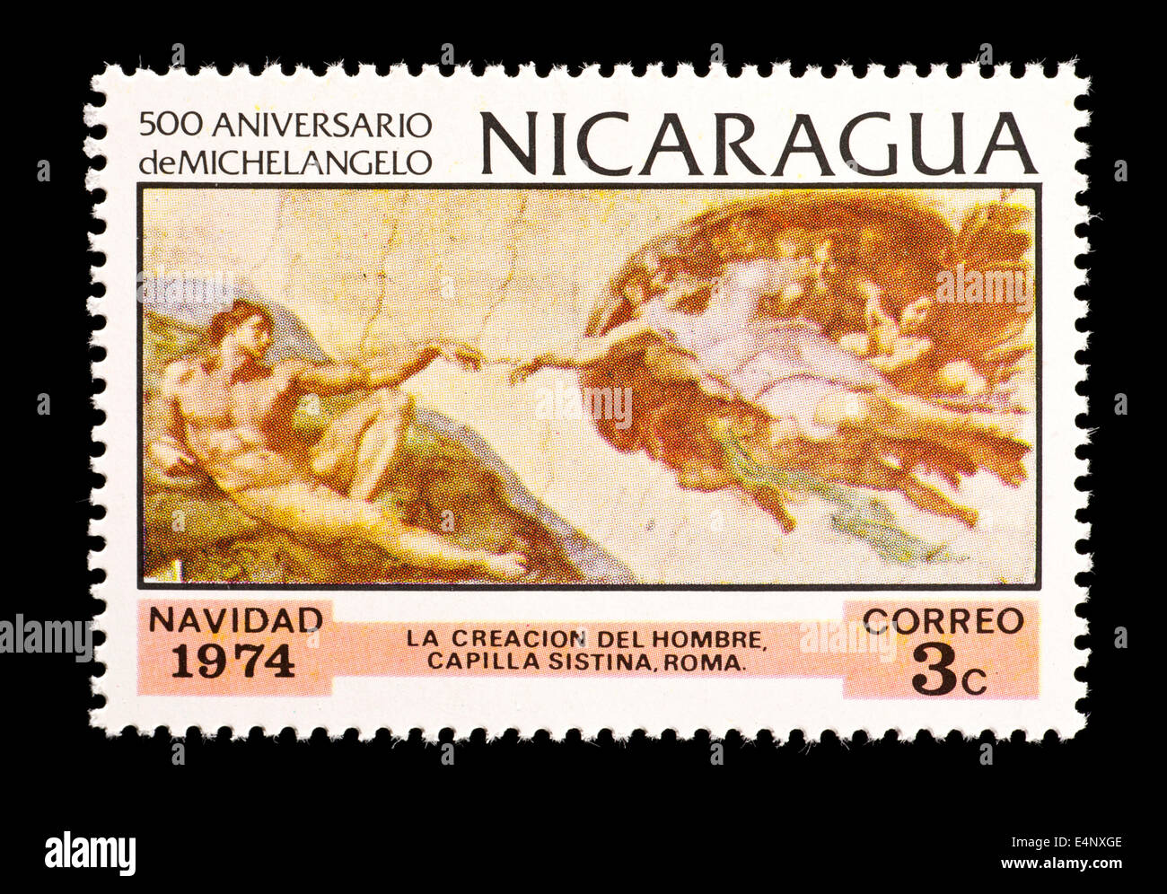 Briefmarke aus Nicaragua, die Darstellung des Michelangelos Gemälde "Die Erschaffung des Adam" aus der Sixtinischen Kapelle. Stockfoto