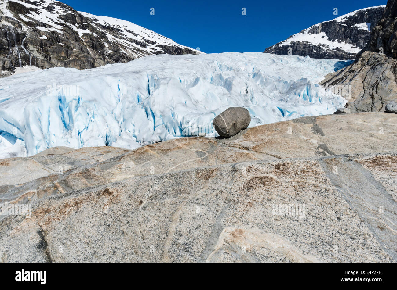 der Gletscher Nigaardsbreen, Jostedalsbreen Nationalpark Breheimen, Glanz, Sogn Og Fjordane Fylke, Norwegen Stockfoto
