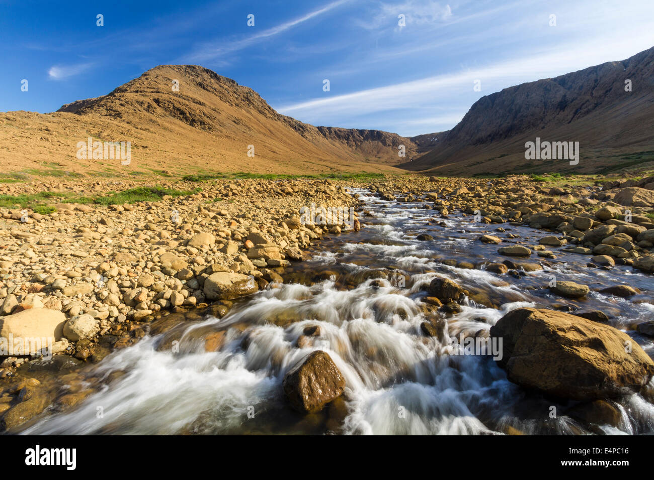 Winter Haus Bach fließt aus einem Gletschern geschnitzten Peridotit-Canyon in die Tablelands von Gros Morne National Park, Neufundland Stockfoto