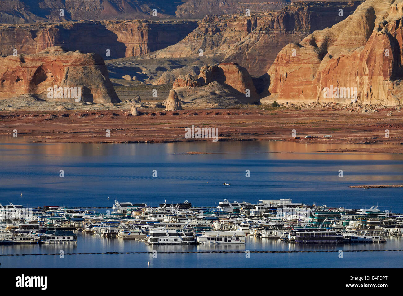 Lake Powell und Hausboote in Wahweap Marina, Wahweap, in der Nähe von Page, Arizona, (Küste und Felsformationen sind weit in Utah), USA Stockfoto