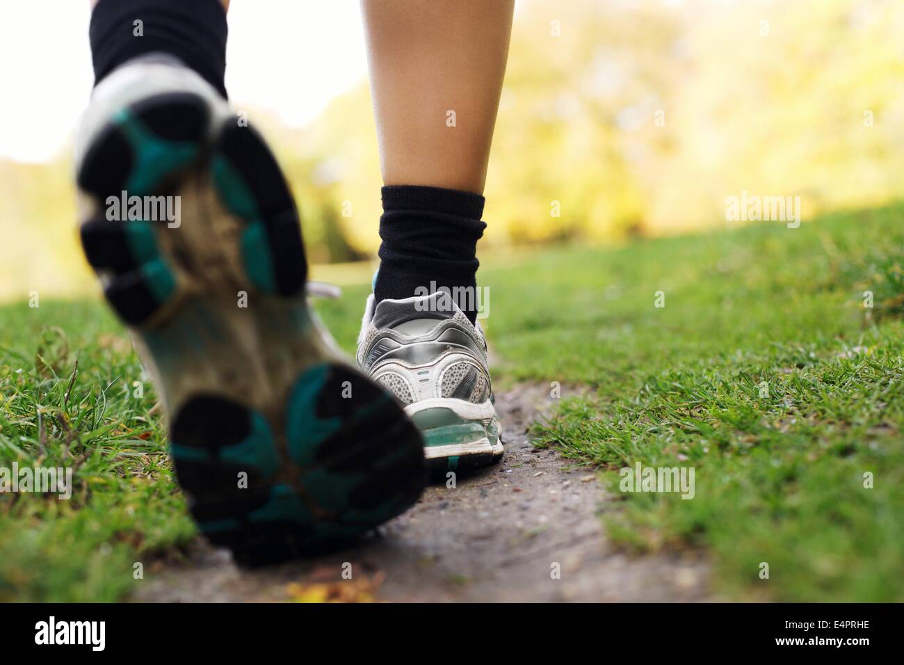 Füße eines Läufers im Park. Frau zu Fuß in den Park, Nahaufnahme der Füße. Fitness und Training trainieren. Stockfoto