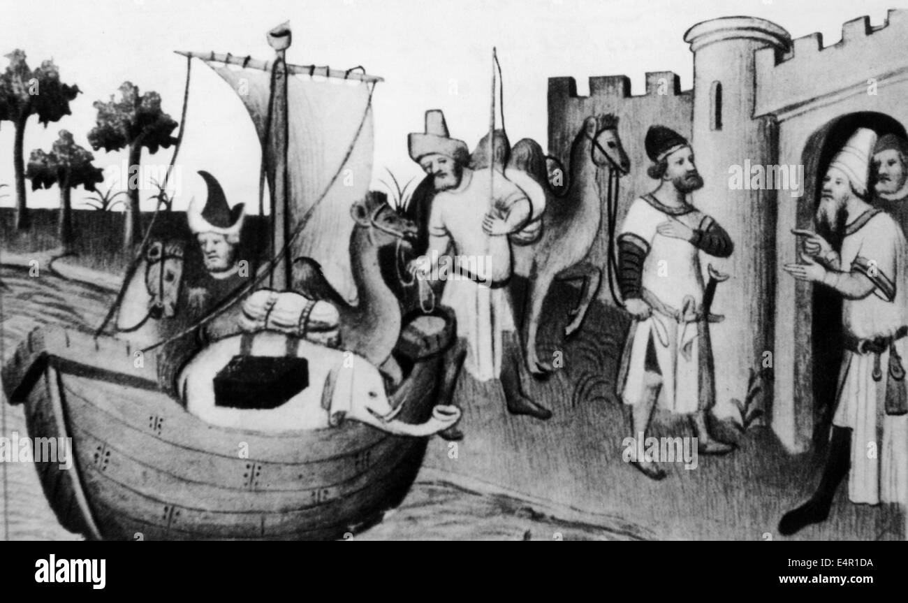 Polo, Marco, 1254 - 8.1.1324, venetianischer Händler und Reisender, Ankunft der Brüder Polo in Ormus (Hormus), basiert auf Miniatur aus 'Livre de Merveilles', 14. Jahrhundert, Stockfoto